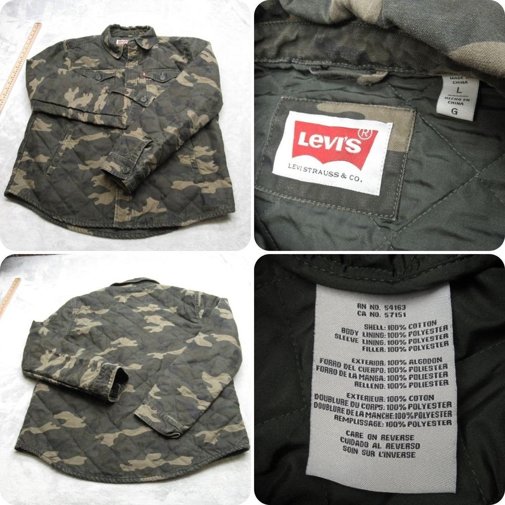 Levis Jacket Mens Large Tonal Woodland Camo Quilted Pockets Full Zip Button Zip